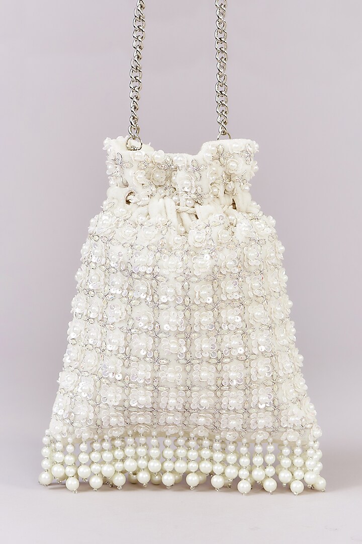 Ivory Velvet Pearl Tassels & Sequins Embroidered Potli by Aanchal Sayal at Pernia's Pop Up Shop