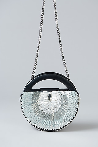 Black Faux Leather Embroidered Clutch by Aanchal Sayal