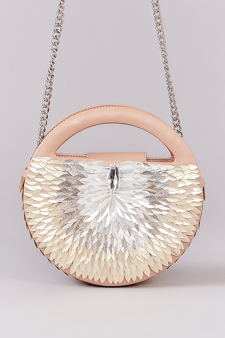 Rose Gold Faux Leather Metallic Leaf Embroidered Clutch by Aanchal Sayal at Pernia's Pop Up Shop