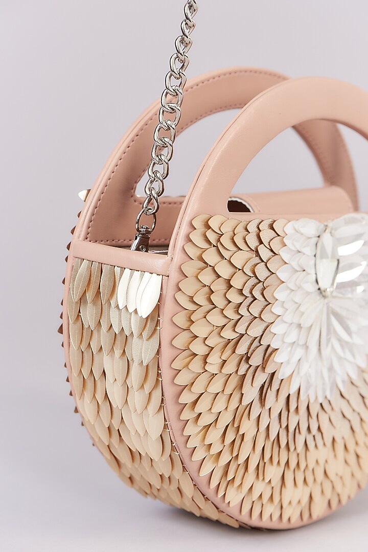 Rose Gold Faux Leather Metallic Leaf Embroidered Clutch by Aanchal Sayal at Pernia's Pop Up Shop