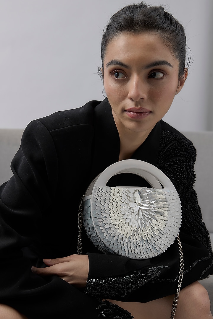 White Faux Leather Metallic Leaf Embroidered Clutch by Aanchal Sayal at Pernia's Pop Up Shop