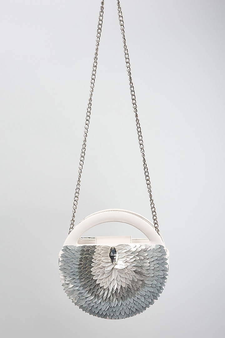 White Faux Leather Metallic Leaf Embroidered Clutch by Aanchal Sayal at Pernia's Pop Up Shop