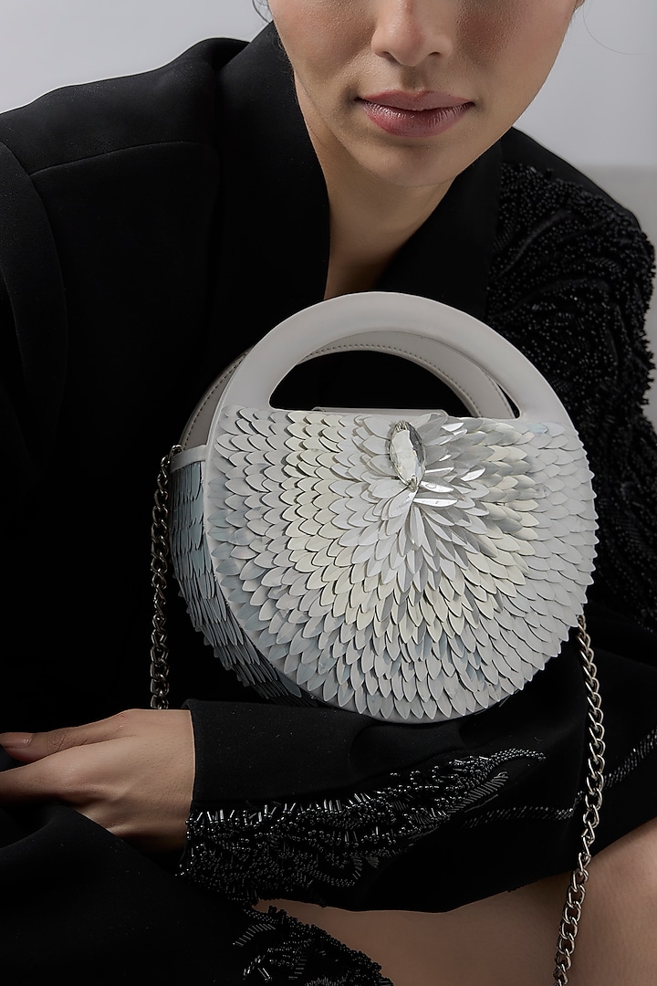 White Faux Leather Metallic Leaf Embroidered Clutch by Aanchal Sayal at Pernia's Pop Up Shop