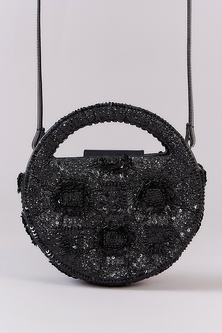 Black Faux Leather Sequins Embroidered Clutch by Aanchal Sayal at Pernia's Pop Up Shop