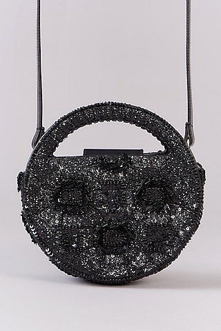 Black Faux Leather Sequins Embroidered Clutch by Aanchal Sayal