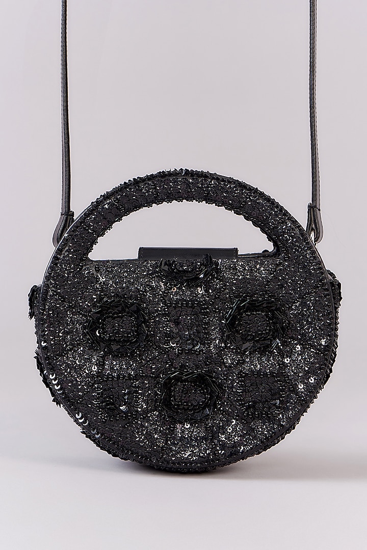 Black Faux Leather Sequins Embroidered Clutch by Aanchal Sayal at Pernia's Pop Up Shop