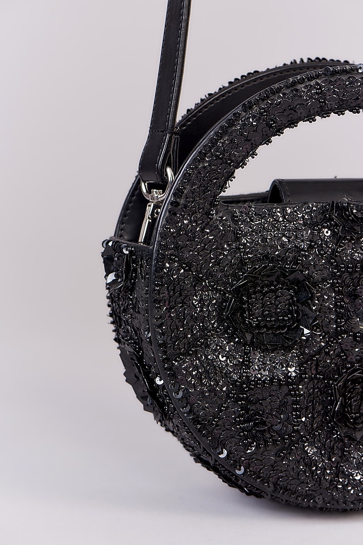 Black Faux Leather Sequins Embroidered Clutch by Aanchal Sayal at Pernia's Pop Up Shop