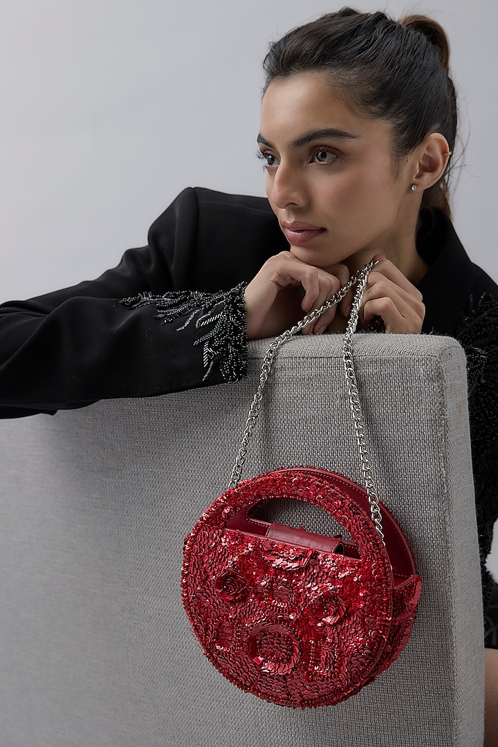 Red Faux Leather Sequins Embroidered Clutch by Aanchal Sayal at Pernia's Pop Up Shop