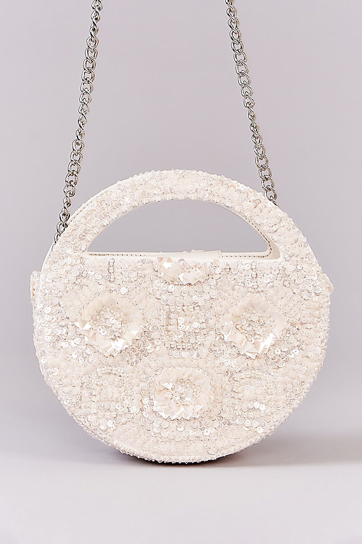 White Faux Leather Sequins Embroidered Clutch by Aanchal Sayal at Pernia's Pop Up Shop