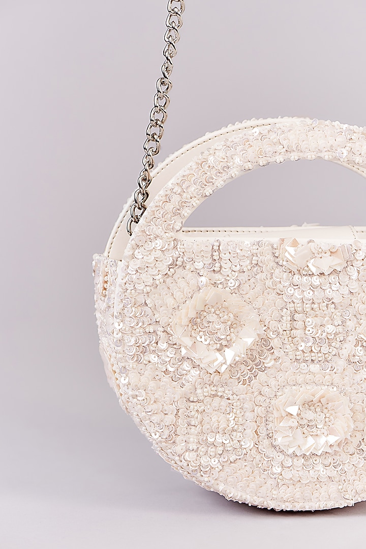 White Faux Leather Sequins Embroidered Clutch by Aanchal Sayal at Pernia's Pop Up Shop