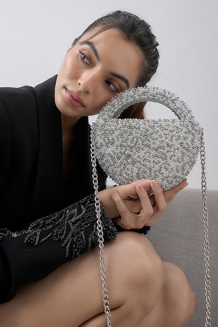Silver Faux Leather Cutdana Embroidered Clutch by Aanchal Sayal at Pernia's Pop Up Shop