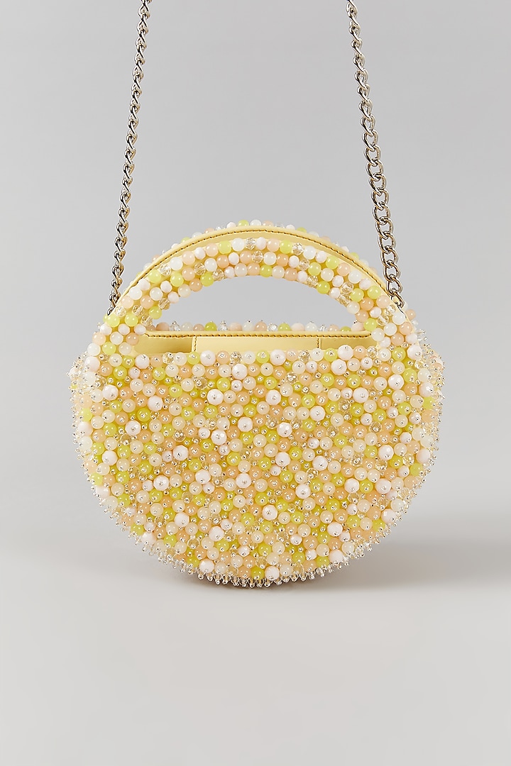 Lemon Yellow Faux Leather Crystal & Bead Work Structured Bag by Aanchal Sayal at Pernia's Pop Up Shop