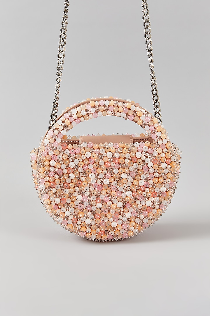 Blush Pink Faux Leather Crystal & Bead Work Structured Bag by Aanchal Sayal at Pernia's Pop Up Shop