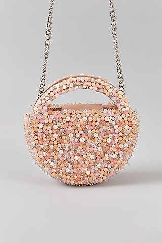 Blush Pink Faux Leather Crystal & Bead Work Structured Bag by Aanchal Sayal
