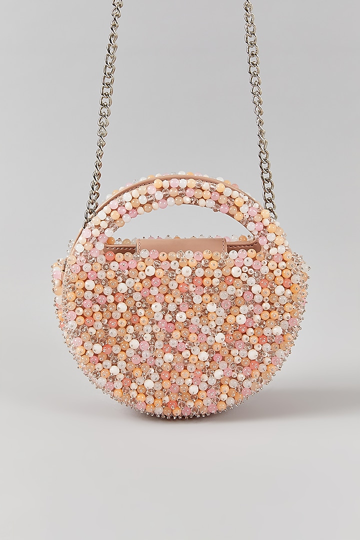 Blush Pink Faux Leather Crystal & Bead Work Structured Bag by Aanchal Sayal at Pernia's Pop Up Shop
