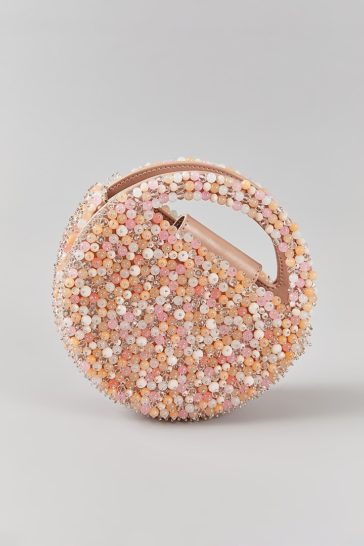 Blush Pink Faux Leather Crystal & Bead Work Structured Bag by Aanchal Sayal at Pernia's Pop Up Shop