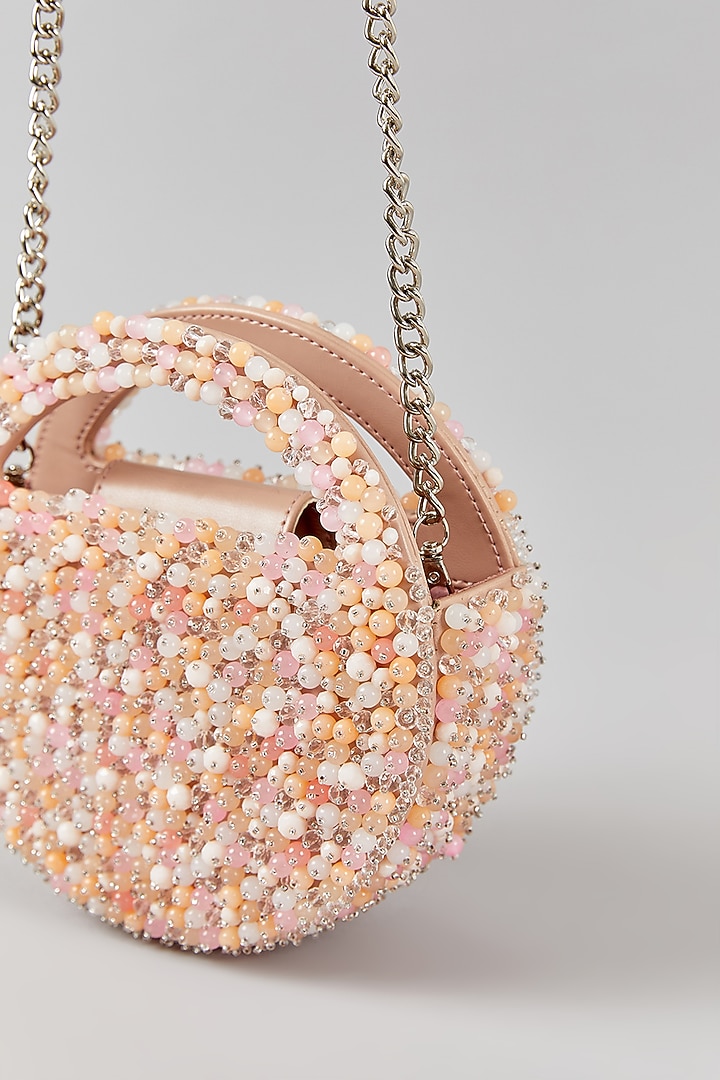 Blush Pink Faux Leather Crystal & Bead Work Structured Bag by Aanchal Sayal at Pernia's Pop Up Shop