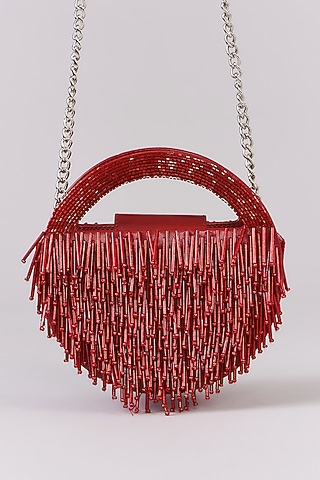 Red Faux Leather Cutdana Embroidered Clutch by Aanchal Sayal