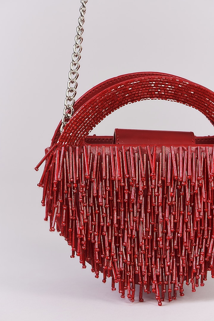 Red Faux Leather Cutdana Embroidered Clutch by Aanchal Sayal at Pernia's Pop Up Shop