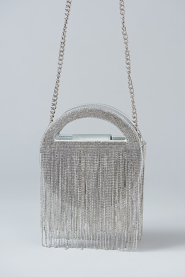 Silver Faux Leather Chain Studded Clutch by Aanchal Sayal at Pernia's Pop Up Shop