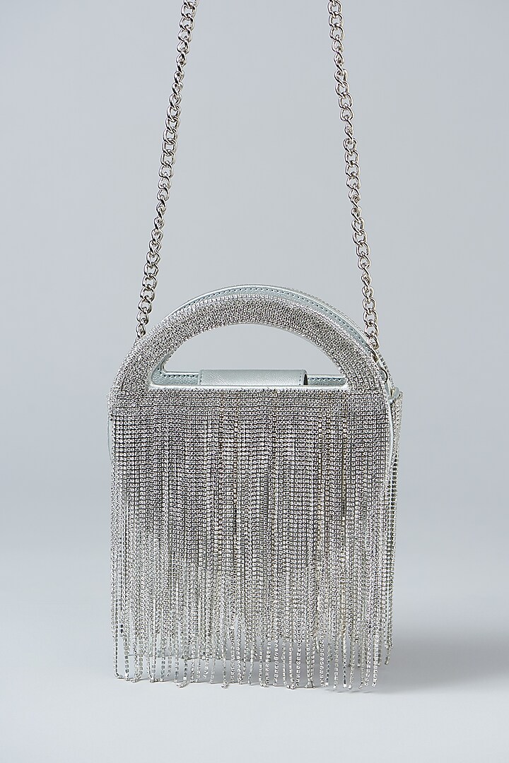 Silver Faux Leather Chain Studded Clutch by Aanchal Sayal at Pernia's Pop Up Shop