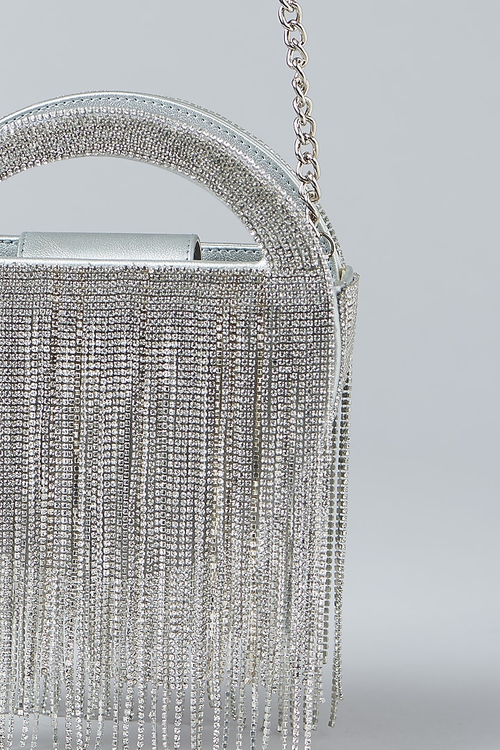 Silver Faux Leather Chain Studded Clutch by Aanchal Sayal at Pernia's Pop Up Shop