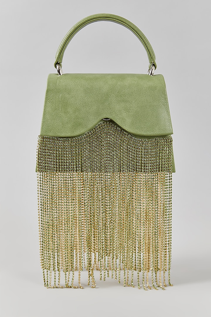 Green Faux Leather Chain Dangler Structured Bag by Aanchal Sayal at Pernia's Pop Up Shop