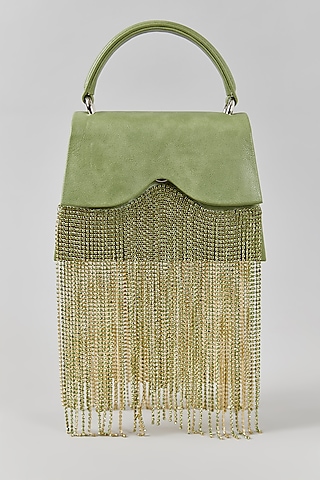 Green Faux Leather Chain Dangler Structured Bag by Aanchal Sayal