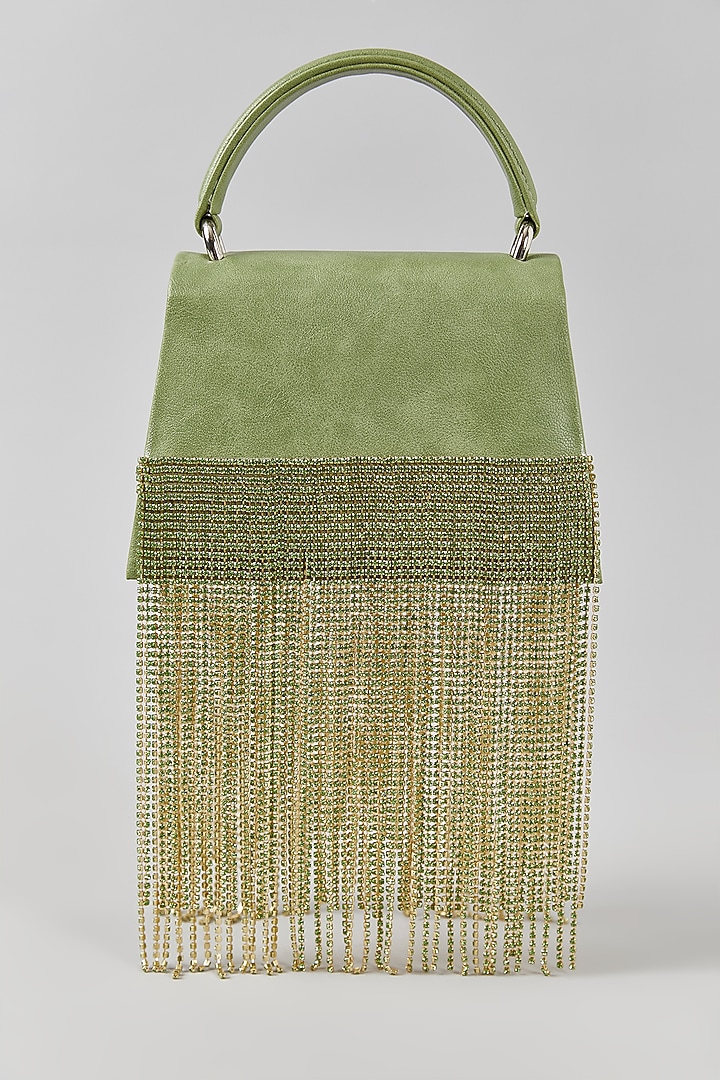 Green Faux Leather Chain Dangler Structured Bag by Aanchal Sayal at Pernia's Pop Up Shop
