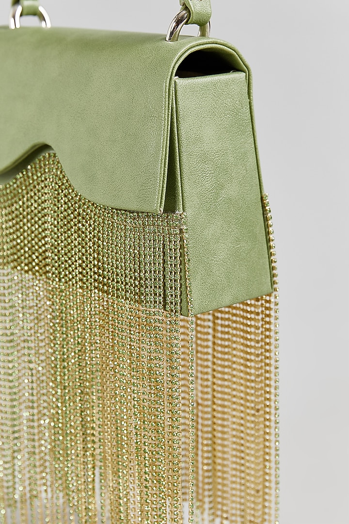 Green Faux Leather Chain Dangler Structured Bag by Aanchal Sayal at Pernia's Pop Up Shop
