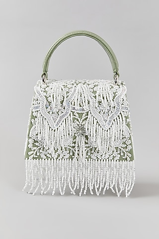 Mint & Ivory Faux Leather Cutdana Embroidered Structured Bag by Aanchal Sayal
