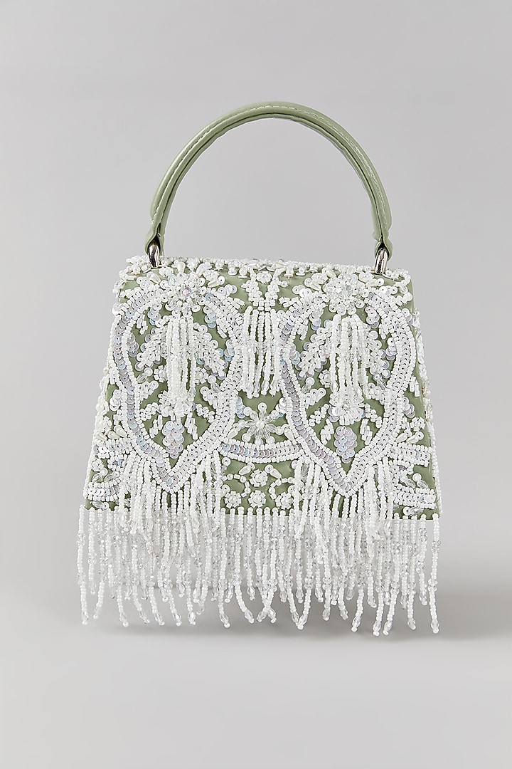 Mint & Ivory Faux Leather Cutdana Embroidered Structured Bag by Aanchal Sayal at Pernia's Pop Up Shop