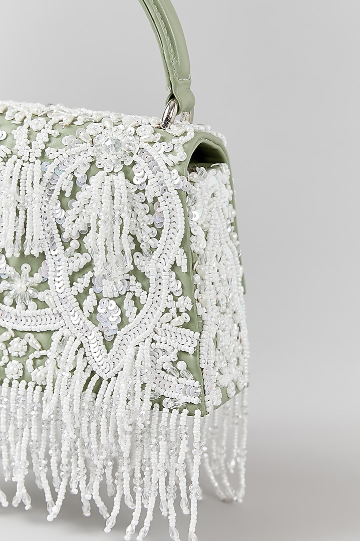 Mint & Ivory Faux Leather Cutdana Embroidered Structured Bag by Aanchal Sayal at Pernia's Pop Up Shop