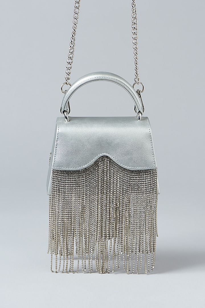 Silver Faux Leather Chain Studded Clutch by Aanchal Sayal at Pernia's Pop Up Shop