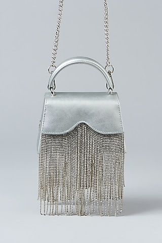 Silver Faux Leather Chain Studded Clutch by Aanchal Sayal