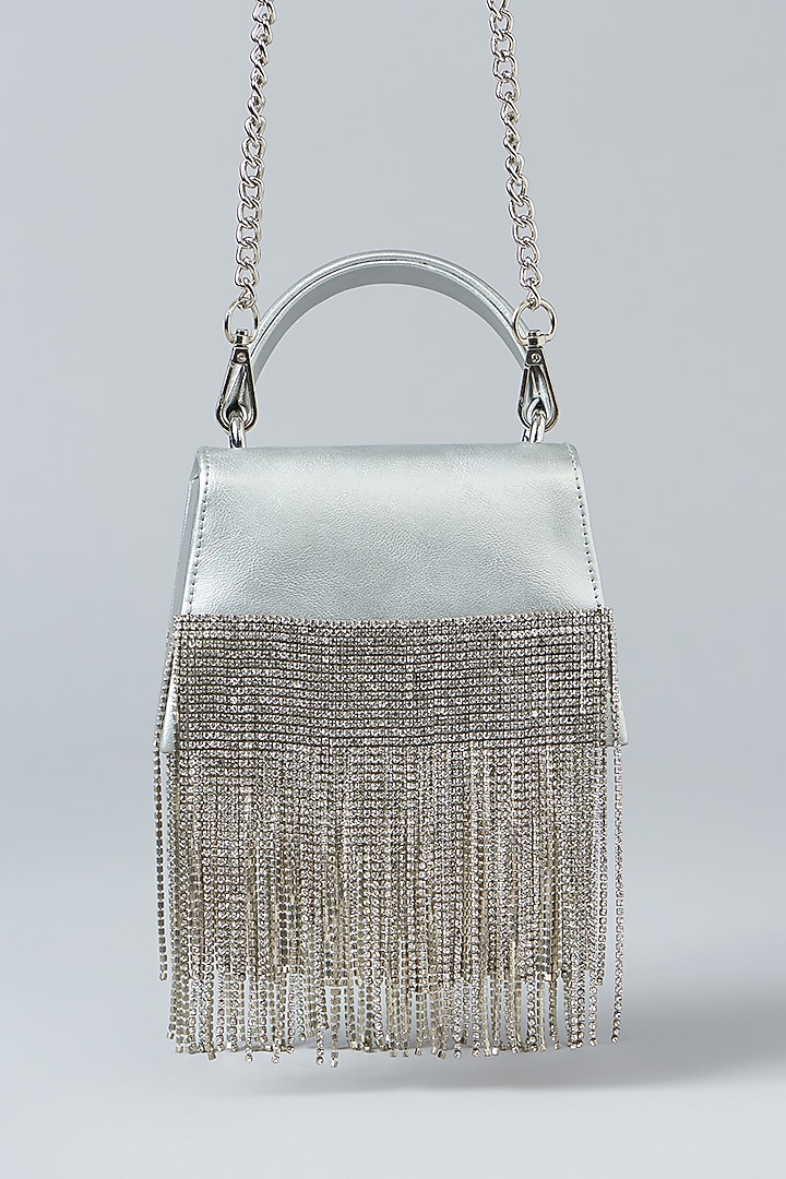 Silver Faux Leather Chain Studded Clutch by Aanchal Sayal at Pernia's Pop Up Shop