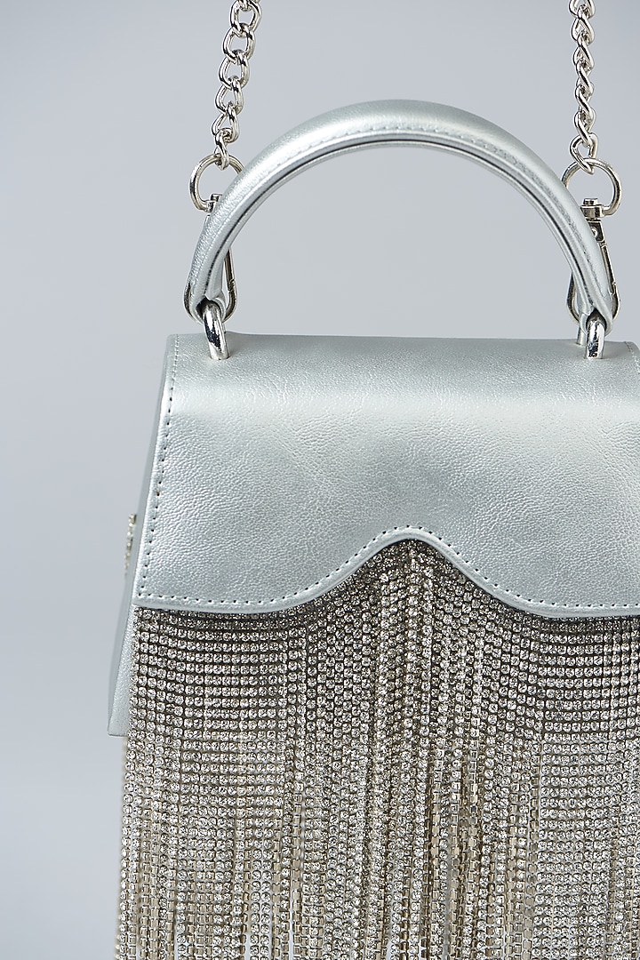Silver Faux Leather Chain Studded Clutch by Aanchal Sayal at Pernia's Pop Up Shop