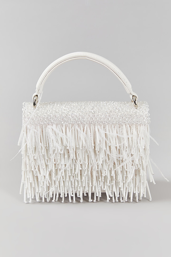 White Faux Leather Crystal Embroidered Structured Bag by Aanchal Sayal at Pernia's Pop Up Shop