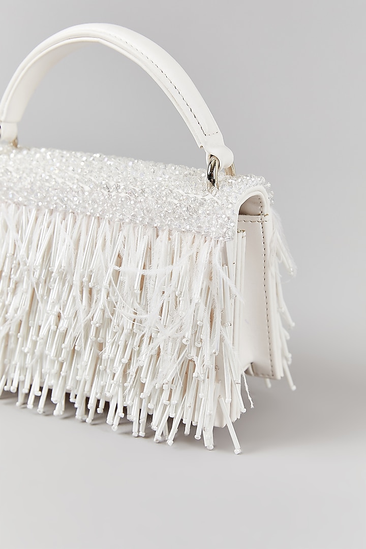 White Faux Leather Crystal Embroidered Structured Bag by Aanchal Sayal at Pernia's Pop Up Shop