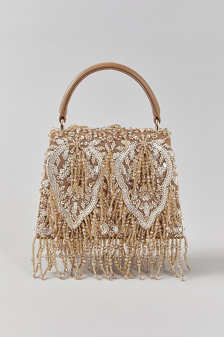 Gold Faux Leather Sequins Embroidered Structured Bag by Aanchal Sayal at Pernia's Pop Up Shop