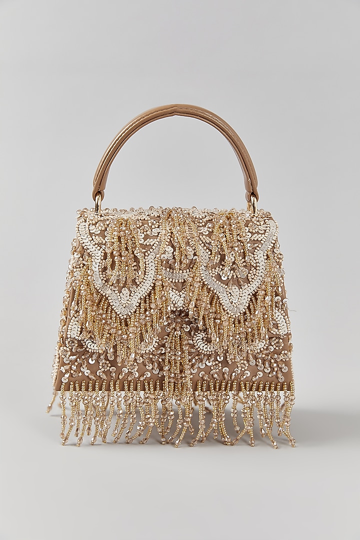 Gold Faux Leather Sequins Embroidered Structured Bag by Aanchal Sayal at Pernia's Pop Up Shop