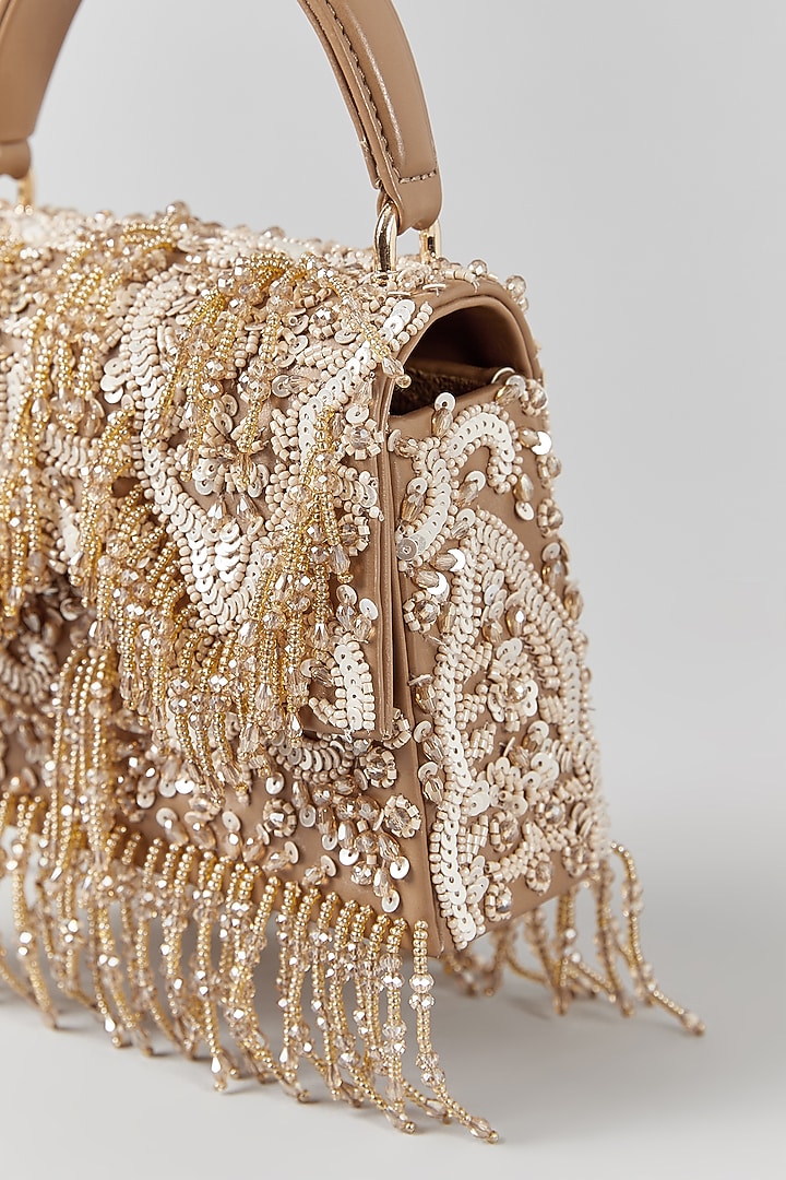 Gold Faux Leather Sequins Embroidered Structured Bag by Aanchal Sayal at Pernia's Pop Up Shop