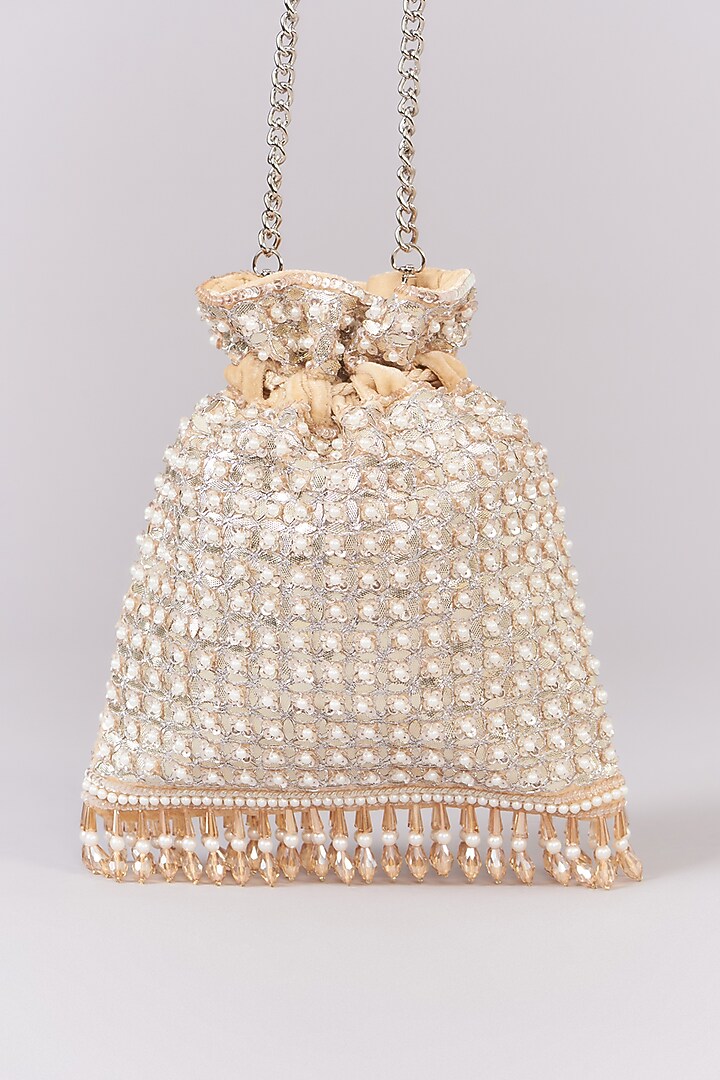 Beige Velvet Sequin Embroidered Potli by Aanchal Sayal at Pernia's Pop Up Shop