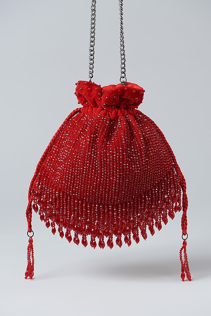 Red Velvet Pipe Embroidered Potli Bag by Aanchal Sayal