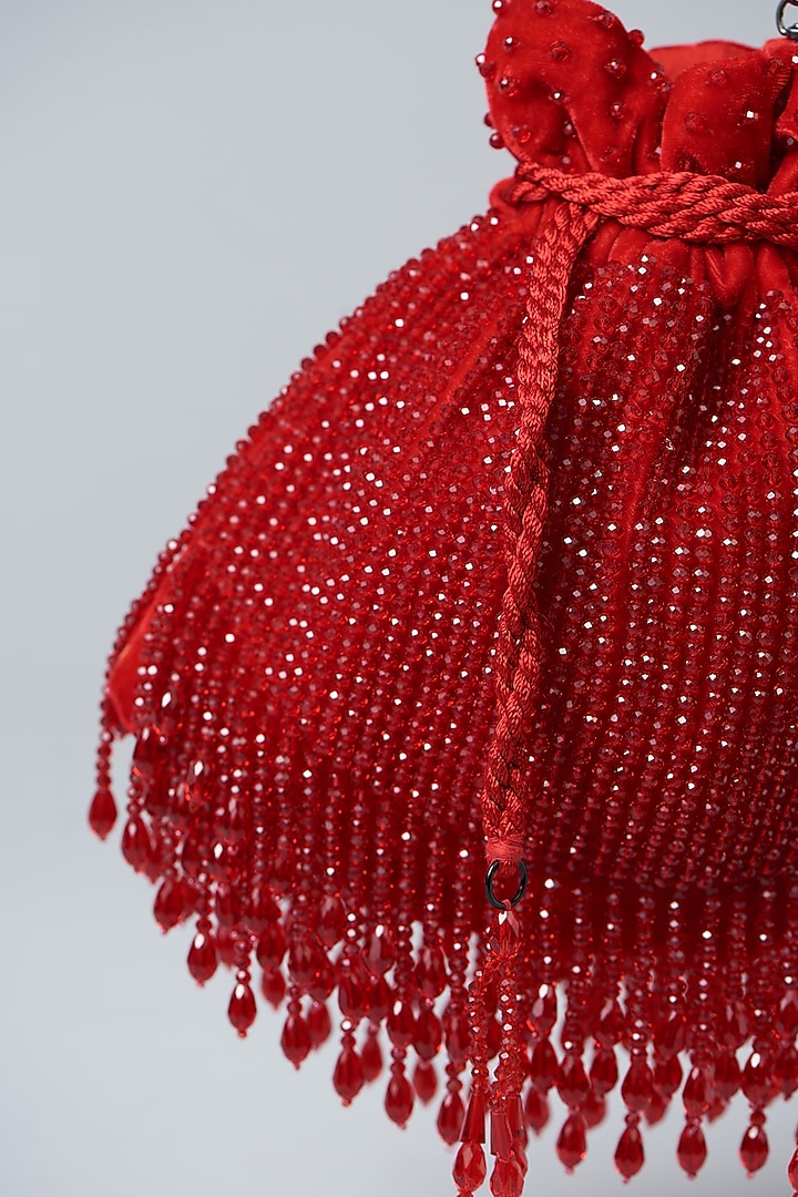 Red Velvet Pipe Embroidered Potli Bag by Aanchal Sayal at Pernia's Pop Up Shop