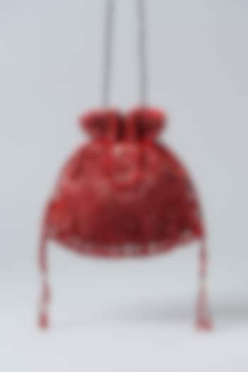 Red Velvet Crystal Embroidered Potli Bag by Aanchal Sayal