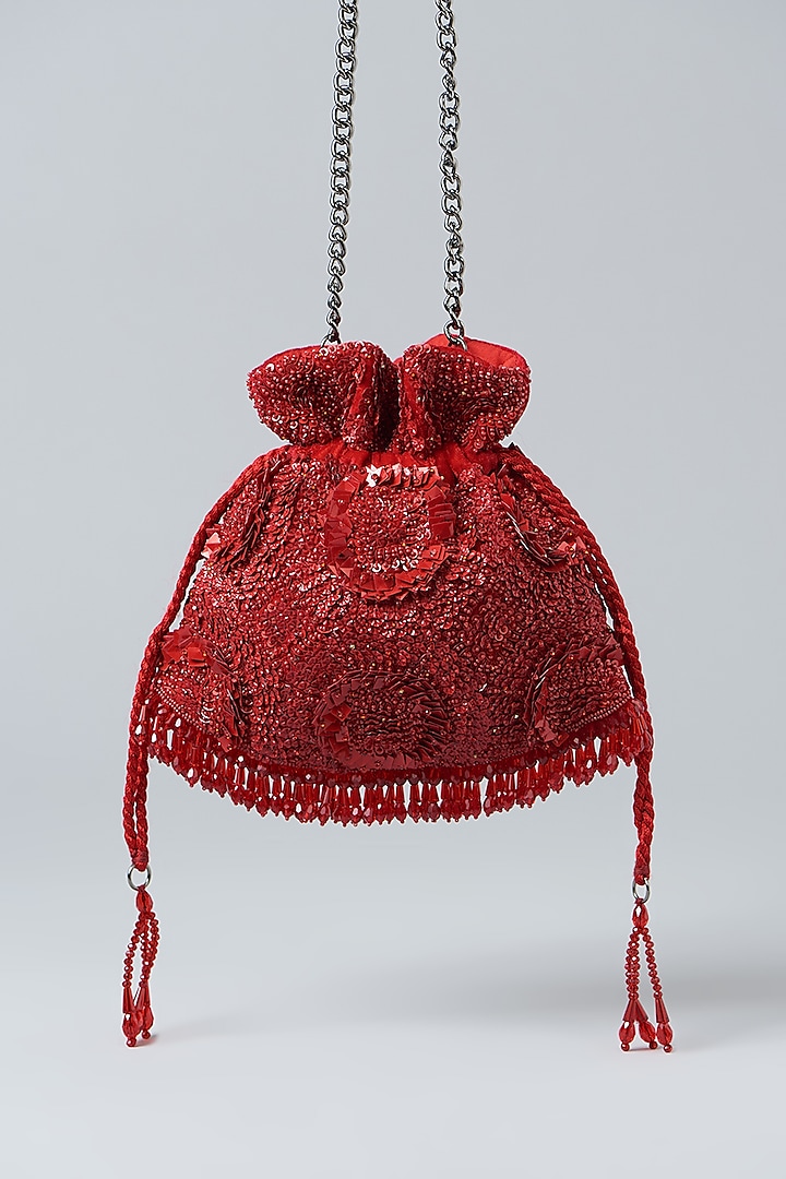Red Velvet Crystal Embroidered Potli Bag by Aanchal Sayal