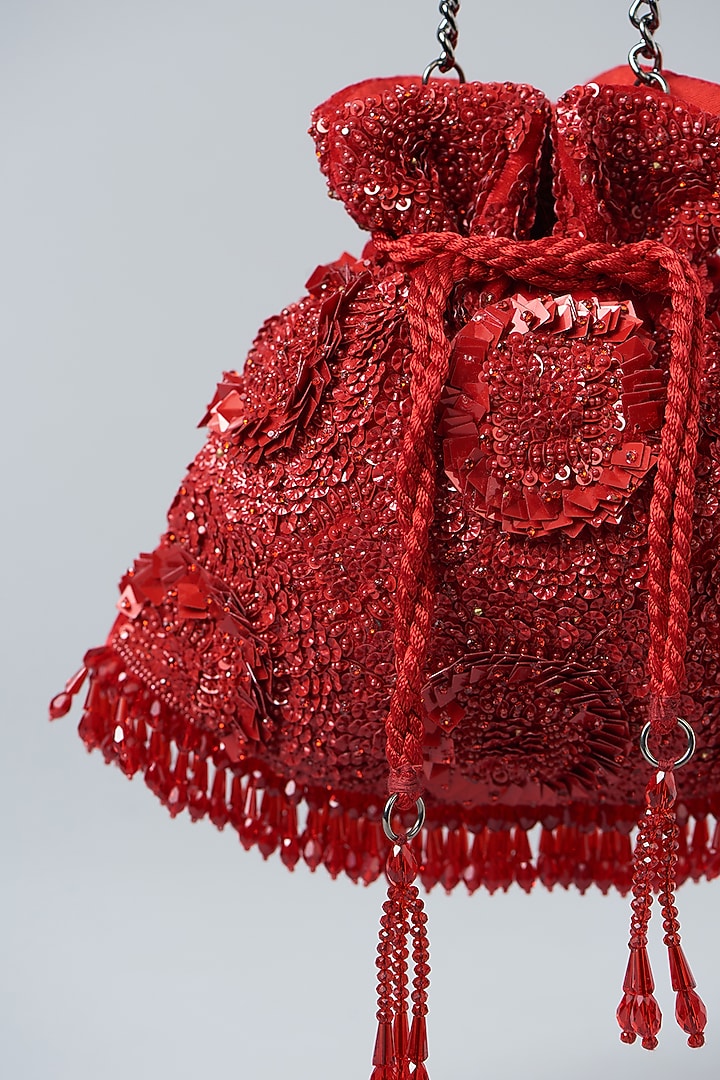 Red Velvet Crystal Embroidered Potli Bag by Aanchal Sayal at Pernia's Pop Up Shop