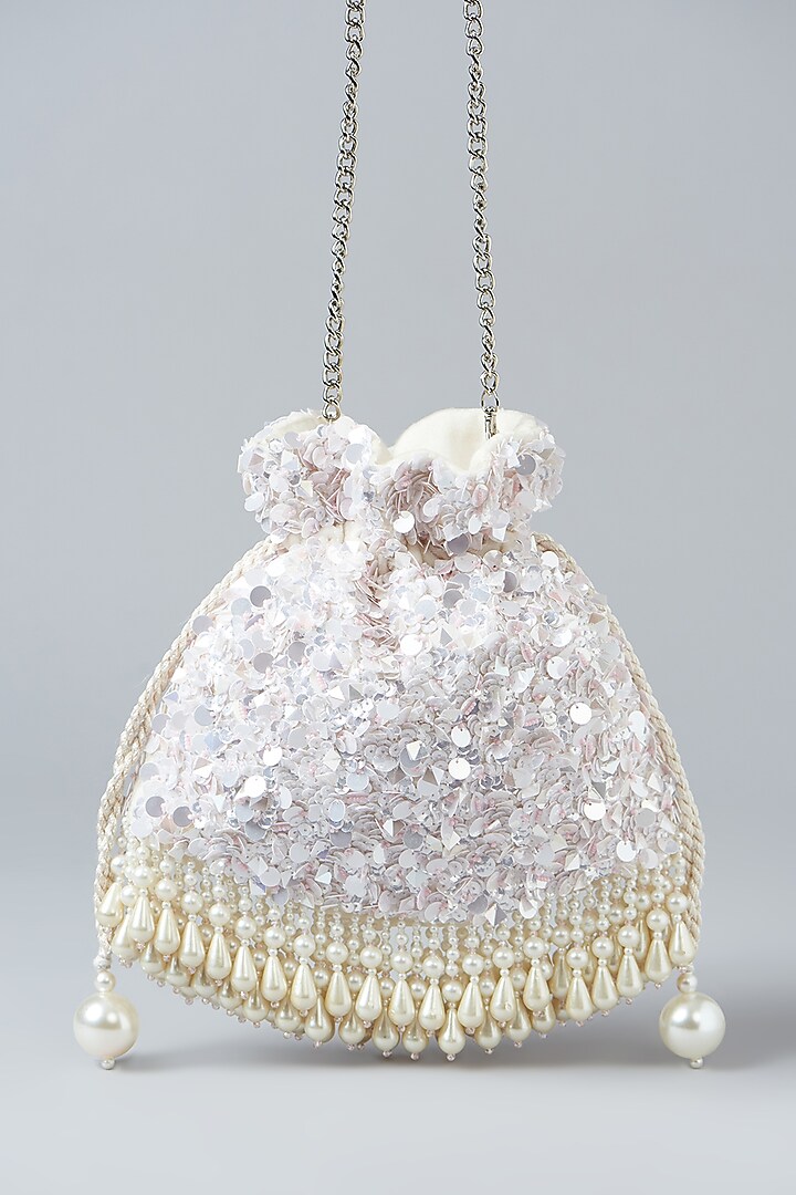 Ivory Velvet Sequins Embroidered Potli Bag by Aanchal Sayal at Pernia's Pop Up Shop