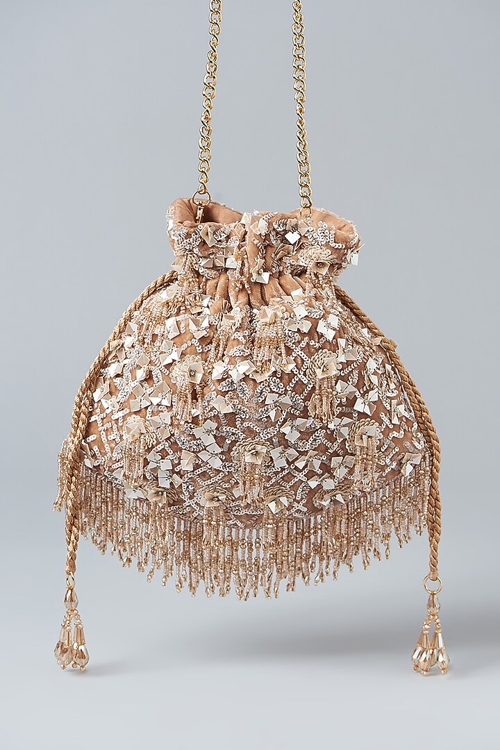 Tan Velvet Sequins Embroidered Potli Bag by Aanchal Sayal at Pernia's Pop Up Shop